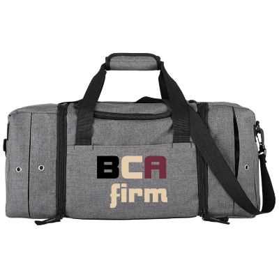Polycanvas gray superior sneaker duffel with branded full color logo.