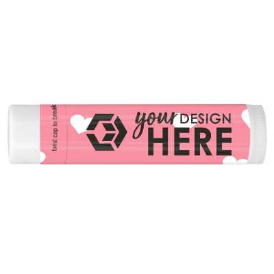 Customizable Valentines lip balm with pink hearts.