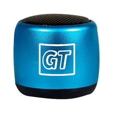 Blue plastic speaker with a custom logo.