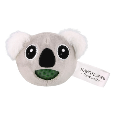 Gray plush stress buster with a branded logo.