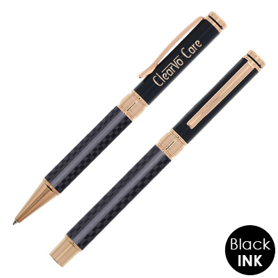 Black writing set with custom engraved logo.