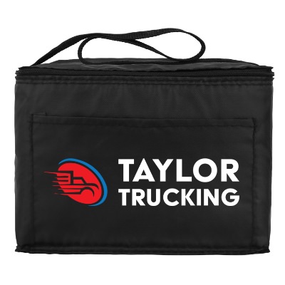 Polyester black 6 pack budget lunch cooler with branded full color logo.