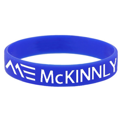 Blue silicone wristband with a custom imprint.