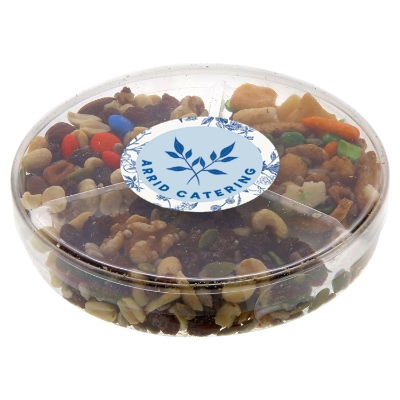 Clear plastic trail mix with a branded logo.