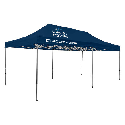 Navy 20-ft. tent with custom imprint in 2 locations.