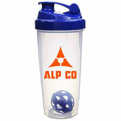 Plastic blue shaker bottle with custom branding in 24 ounces.