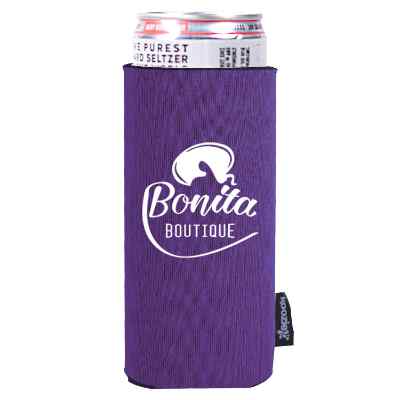 Foam purple slim can cooler with custom logo.