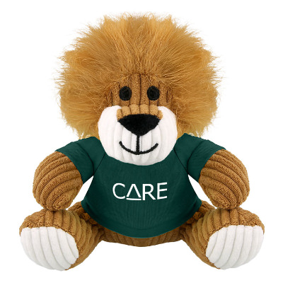 Plush and cotton corduroy lion with a green t-shirt with a personalized logo.