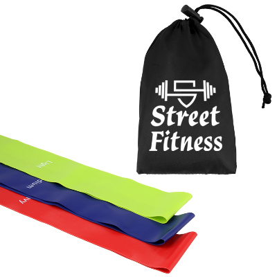 Multi-colored fitness bands with custom logo on pouch.