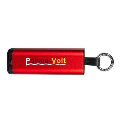 Red plastic phone stand with a personalized logo.