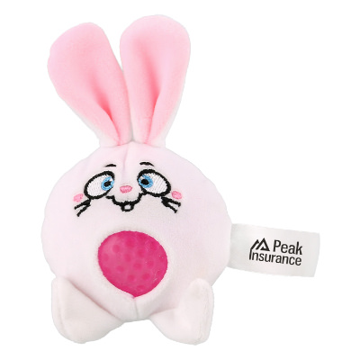 White plush stress buster with a custom imprint.