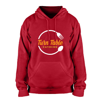 Red customized hooded sweatshirt.
