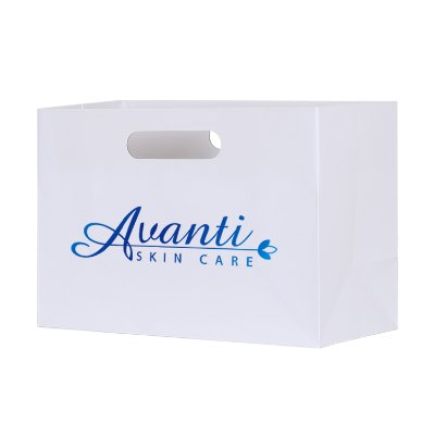 Paper white foil stamped matte boutique shopper tote bag logoed.