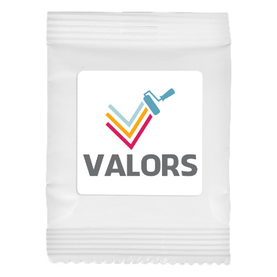 White plastic drink mix pack with a custom logo.