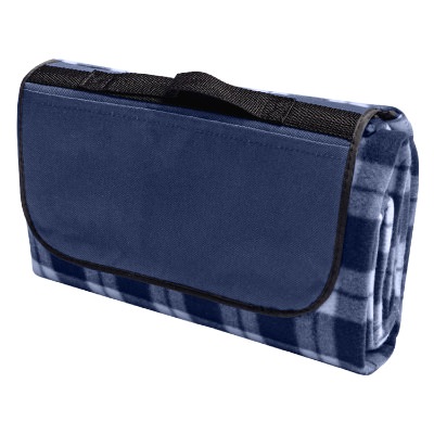Customized green plaid blank fleece blanket with attached handle.