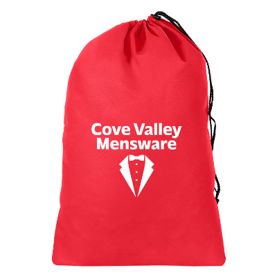 Red polypropylene laundry bag with a personalized logo.