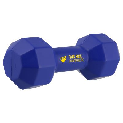 Foam blue dumbbell stress reliever with customized imprint.