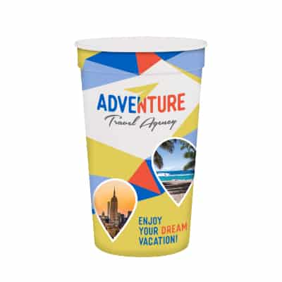 Plastic white stadium cup with full-color wrap imprint in 22 ounces.