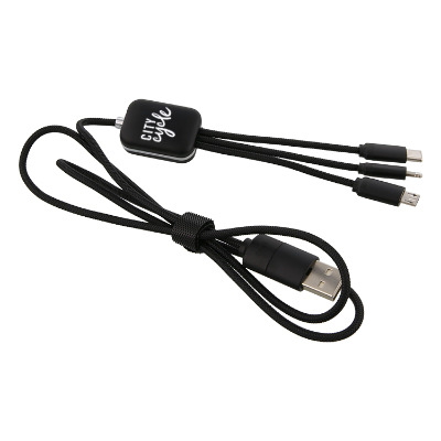 White plastic charging cable with a personalized logo.
