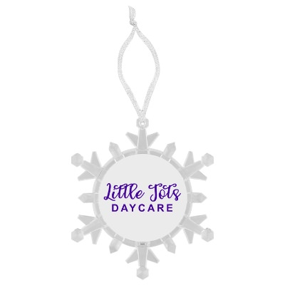 Clear plastic ornament with a branded logo