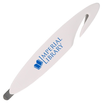 Plastic combo staple remover and letter opener with custom promotional logo.