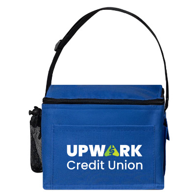 Blue polyester cooler with a customized logo.