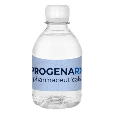 Clear plastic bottled water with a custom logo.