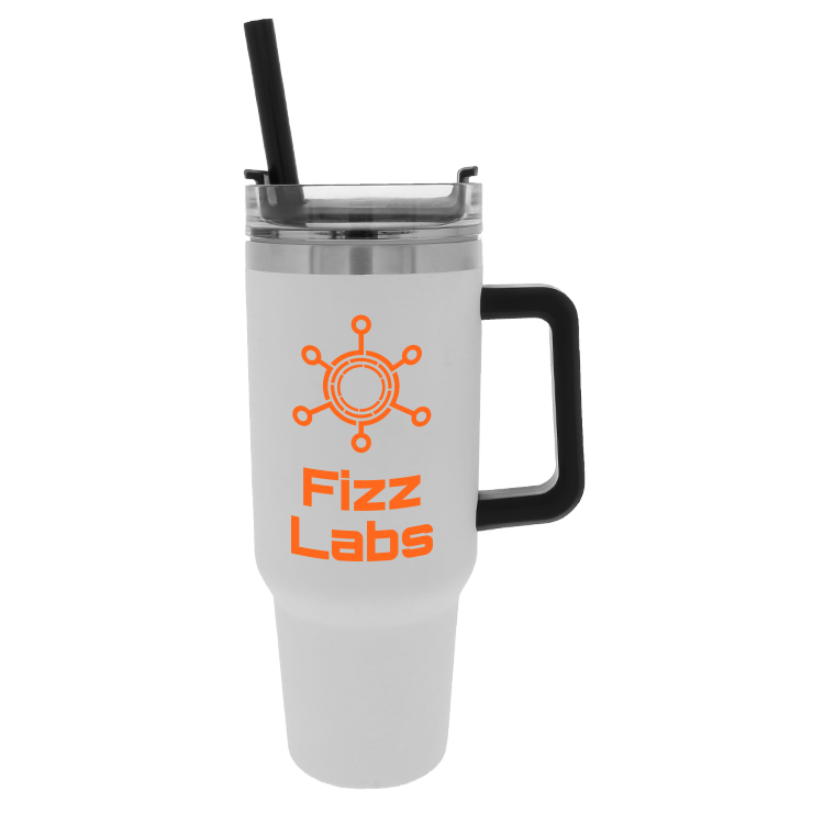 Stainless steel 40 oz. mug with custom imprint.