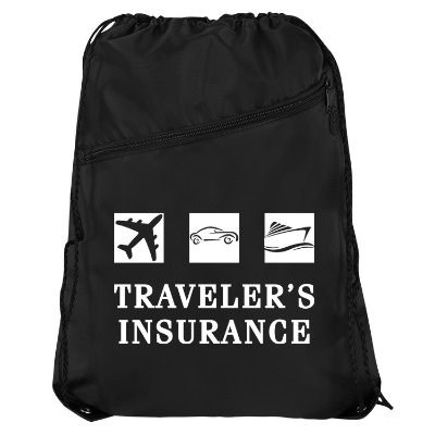 Polyester black drawstring bag with custom print, zippered front pocket and reinforced corners.