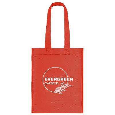 Polypropylene red tote bag with custom print and 4-inch gussets.