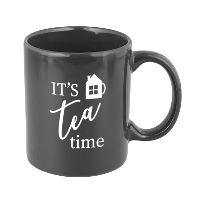 Ceramic white coffee mug with custom advertising and c-handle in 11 ounces.