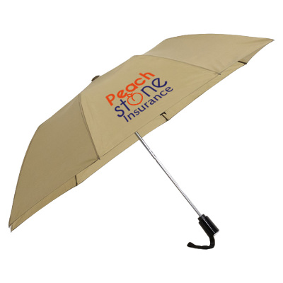 Khaki shed rain auto open compact umbrella with unique full color imprint.
