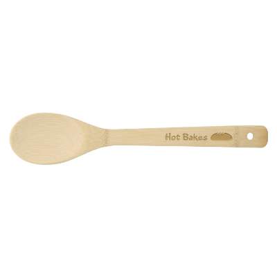 Natural bamboo spoon with custom laser engraved logo.