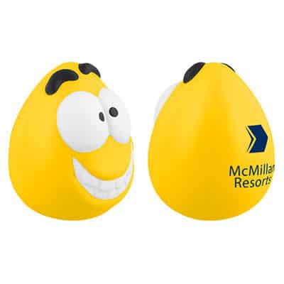 Foam happy maniac wobbler stress ball with a custom imprint.