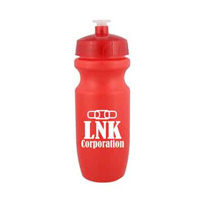 Plastic red water bottle with custom design and push pull lid in 20 ounces.