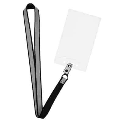 5/8 inch refective black blank lanyard with fixed bulldog clip and event holder.