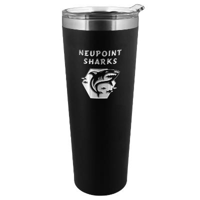 Black tumbler with an engraved logo.