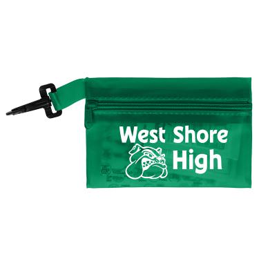 Green vinyl first aid kit with a custom imprint.