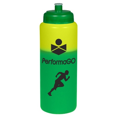 Plastic frosted to orange mood water bottle with custom imprint in 32 ounces.