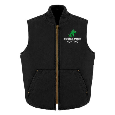 Black cloth vest with custom embroidered logo.