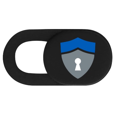 Plastic black webcam cover with a branded logo.