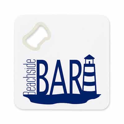 Plastic white square with metal bottle opener branded.