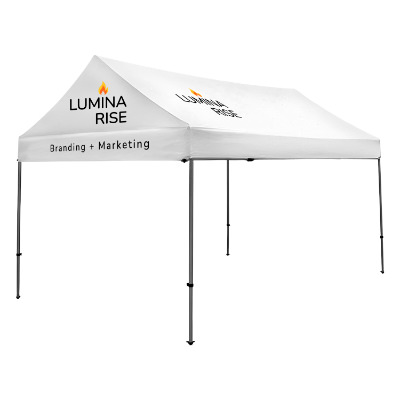 White 10-ft. x 15-ft. gable tent with custom imprint in 3 locations.