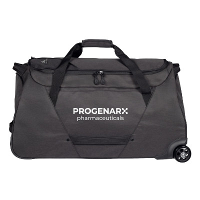 28-inch graphite RPET wheeled duffel bag with custom logo.