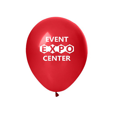 Red latex balloon with a personalized logo.