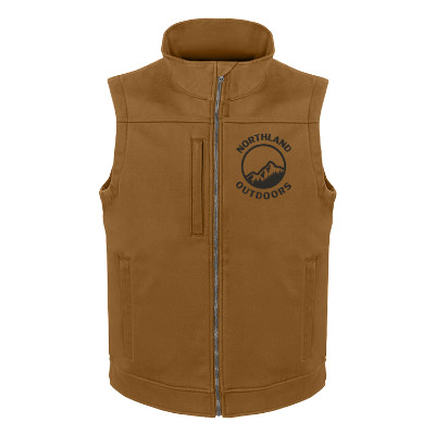 Brown soft shell vest with custom logo.