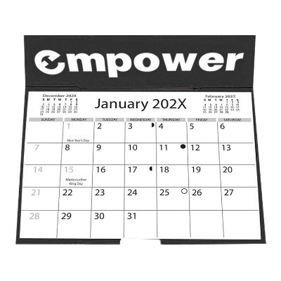 Desk calendar with an easel back with one color branded logo.