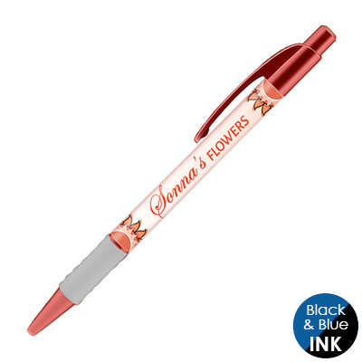 Full-color plastic pen with custom logo.