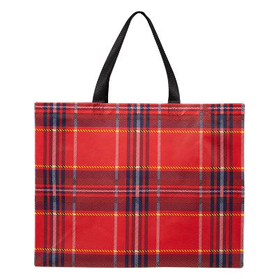Non-woven polypropylene red with navy plaid shopping tote blank.