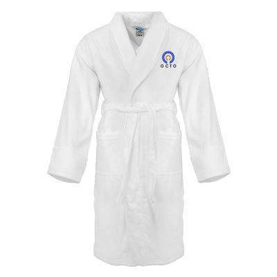 White cotton robe with personalized embroidered logo.
